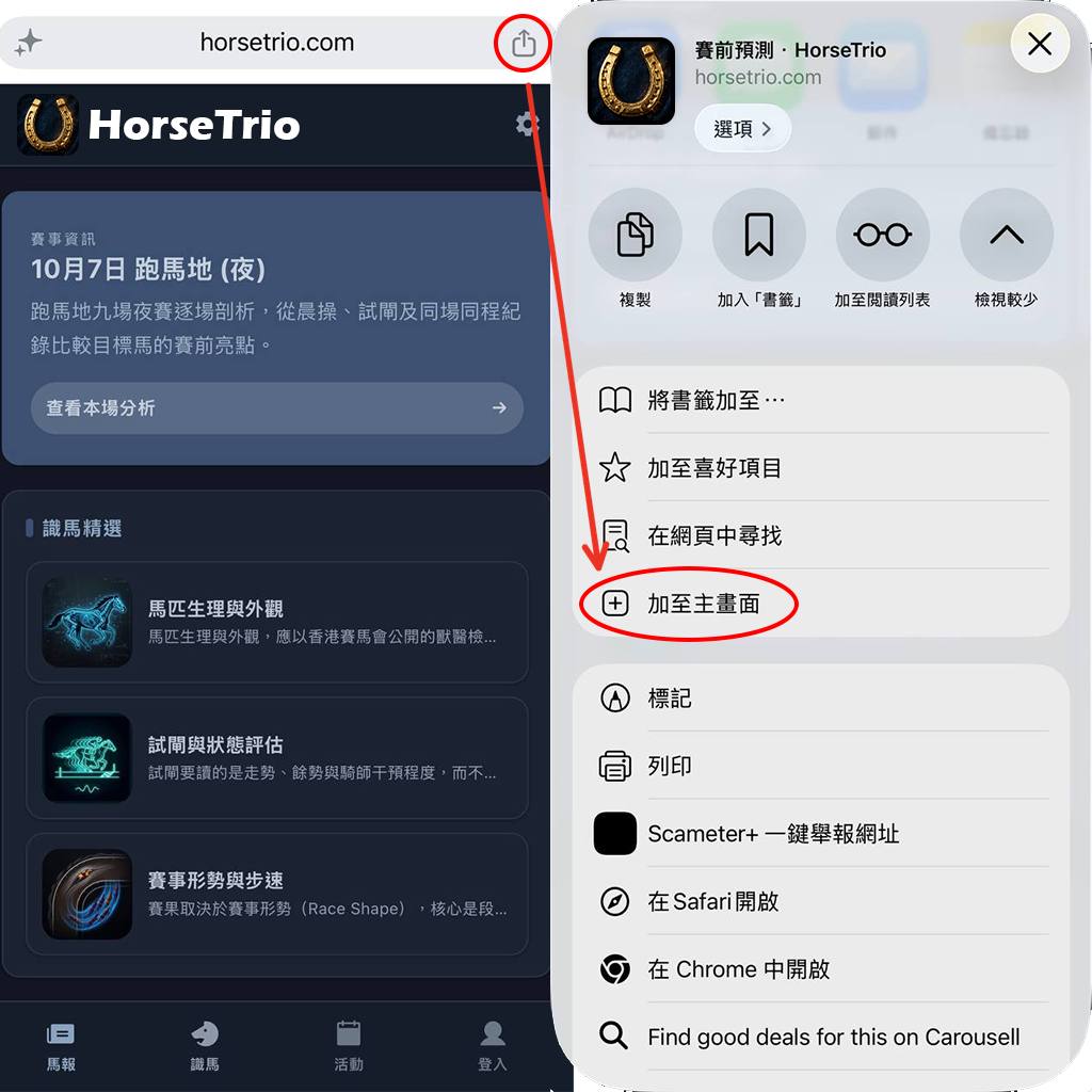 在瀏覽器分享選單選擇加至主畫面，點擊圖片關閉